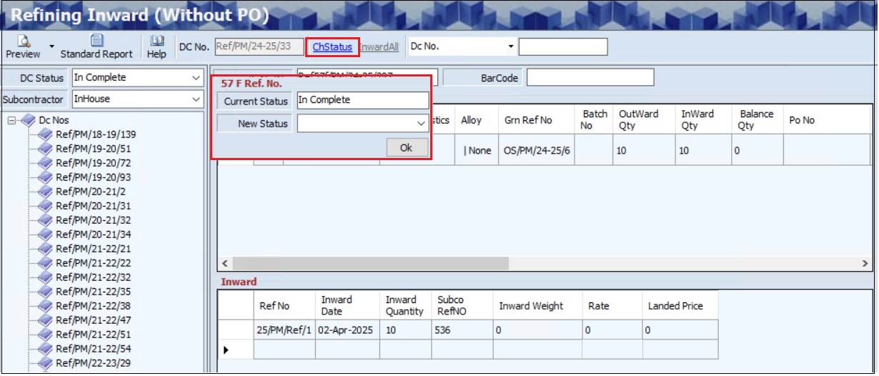 61. Refining Inward (Without PO) | IcSoft ERP and MES Wiki Site